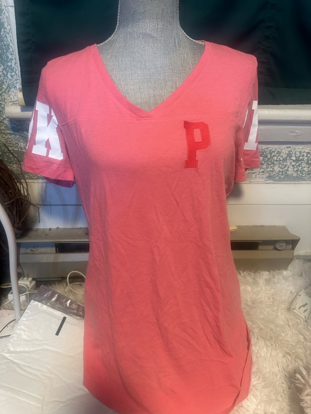 PINK Victoria's Secret Coral Pink V-Neck Short Sleeve Tee with Lettering